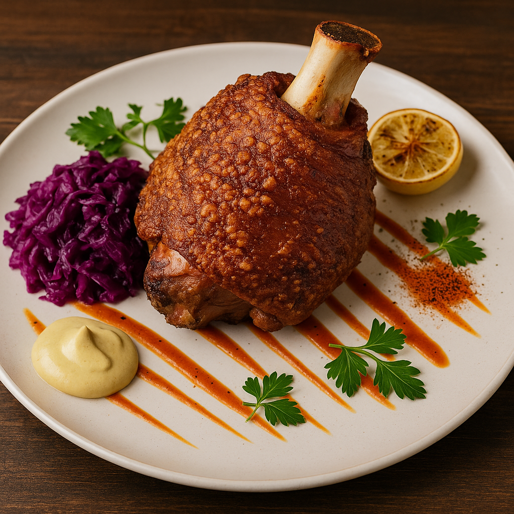 zigzag sauce, parsley, lemon, red cabbage Pork knuckle