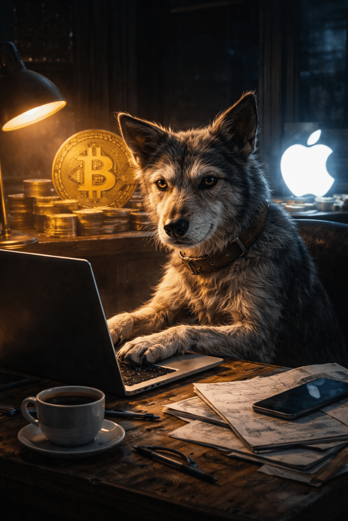 stray dog with bitcoin, apple